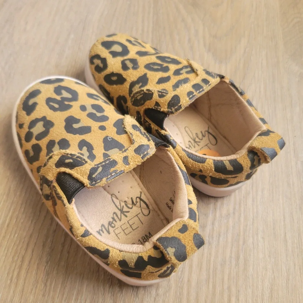 Monkey Feet Unisex Baby Leopard Slip On Shoes 3 12-18M Tan Leather Animal Print